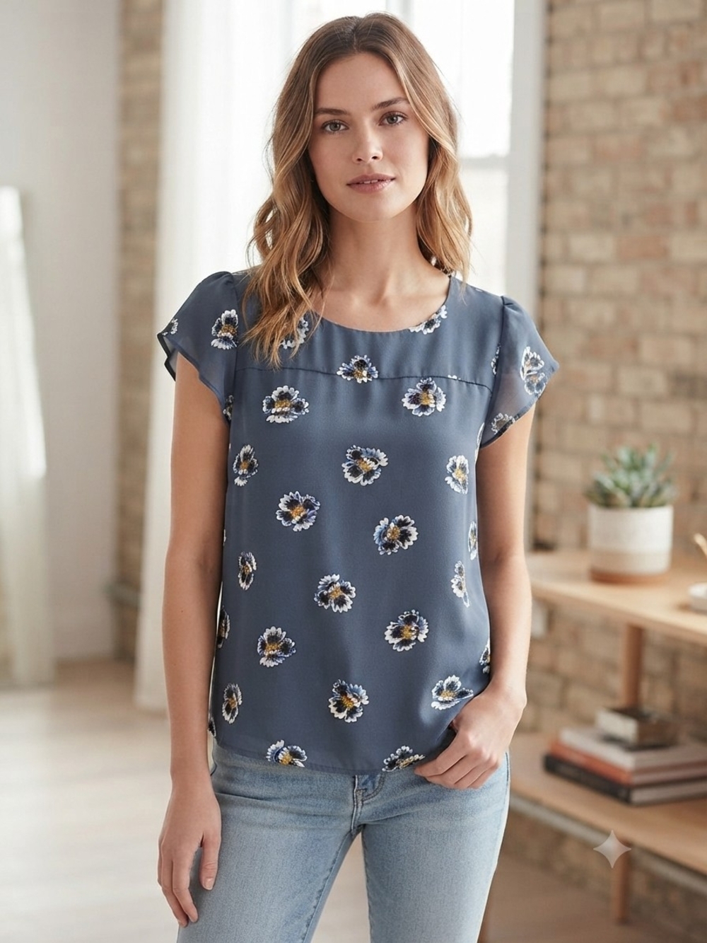 LOFT Blue Floral Cap-Sleeve Blouse